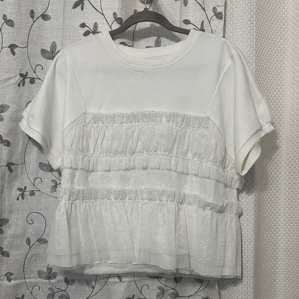 NWT Maeve White Short Sleeve Smocked Ruffled Sweatshirt